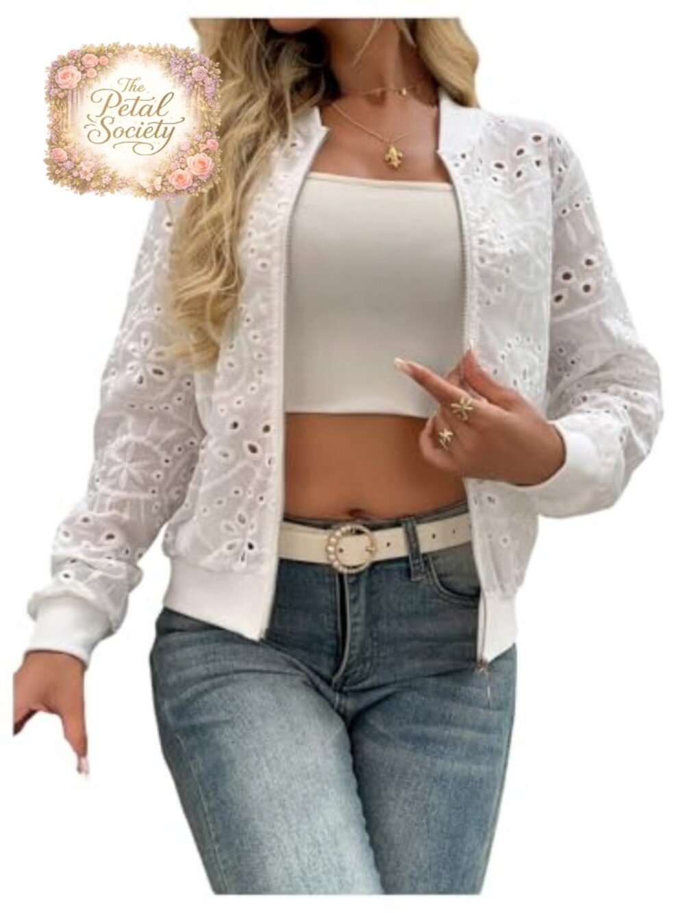 WDIRARA Women's Eyelet Embroidery Bomber Jacket Zip Up Long Sleeve Casual Coat